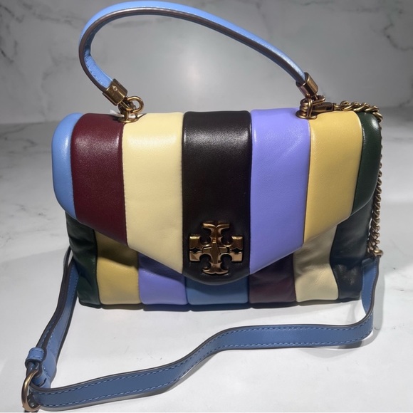 Tory Burch Kira Small Top Handle Quilt Logo Stripe Multi Leather Satchel Handbag